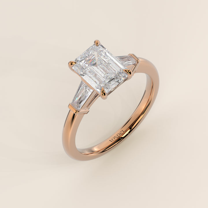 Alessia - Emerald Baguette Trilogyy Lab Grown Diamond Ring with Pointed Prongs