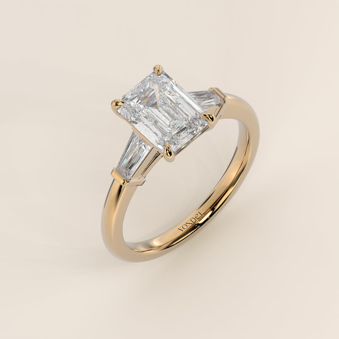 Alessia - Emerald Baguette Trilogyy Lab Grown Diamond Ring with Pointed Prongs
