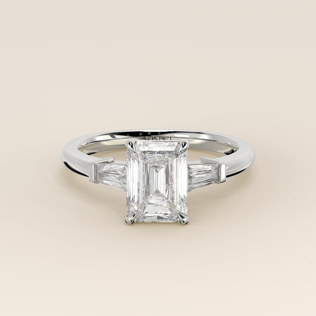 Alessia - Emerald Baguette Trilogyy Lab Grown Diamond Ring with Pointed Prongs