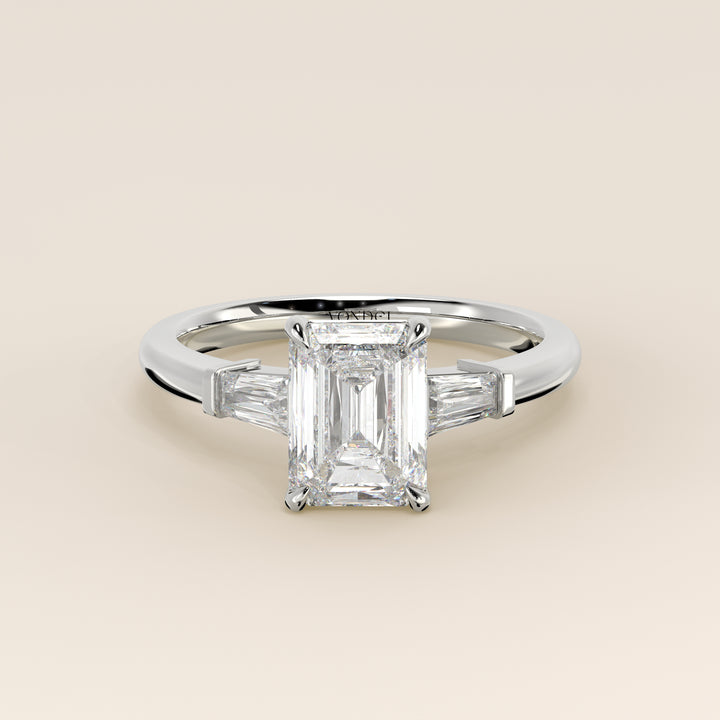 Alessia - Emerald Baguette Trilogyy Lab Grown Diamond Ring with Pointed Prongs