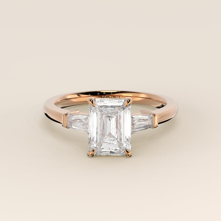 Alessia - Emerald Baguette Trilogyy Lab Grown Diamond Ring with Pointed Prongs