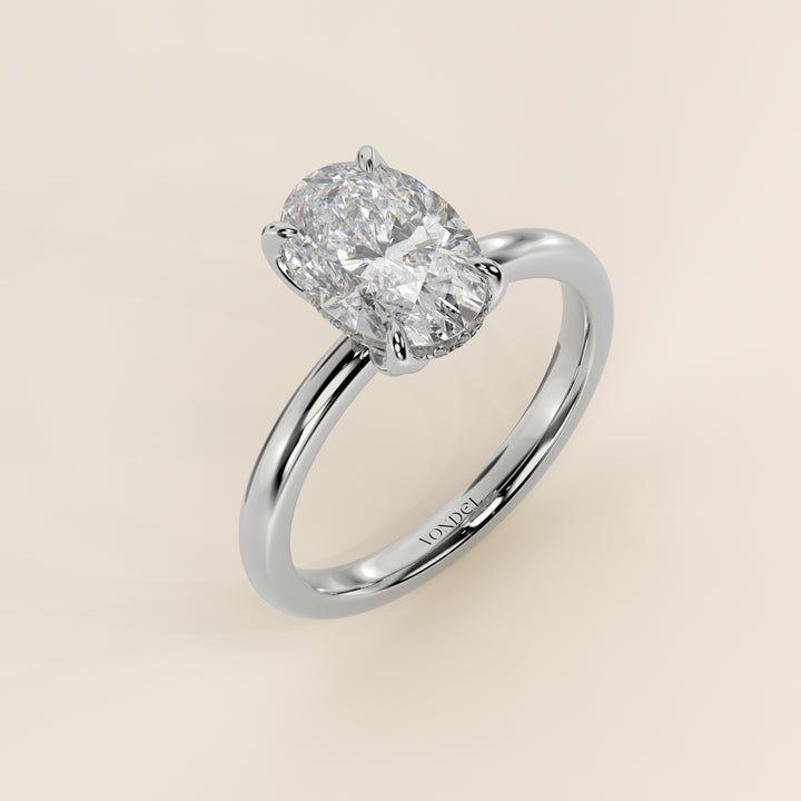 Lynn - Oval Solitair Lab Grown Diamond Ring with Petal Prongs and Hidden Halo