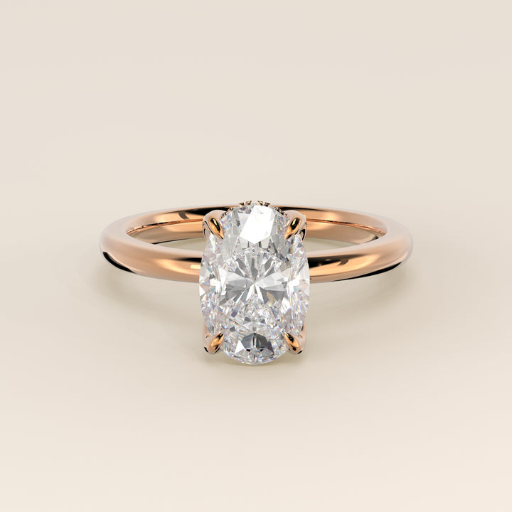 Lynn - Oval Solitair Lab Grown Diamond Ring with Petal Prongs and Hidden Halo