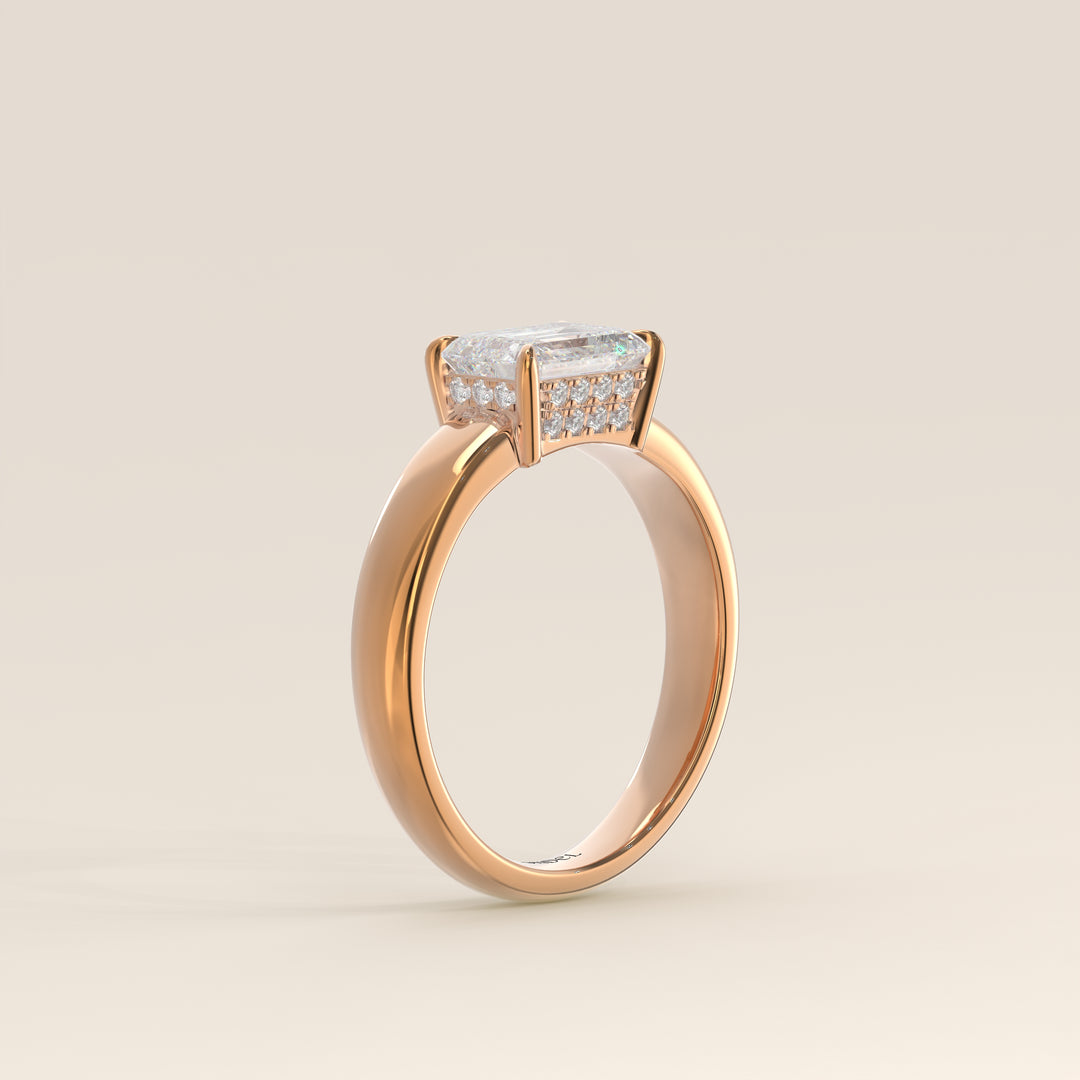 Joanne - Emerald East to West Lab Grown Diamond Ring with Double Hidden Halo and Wide Band