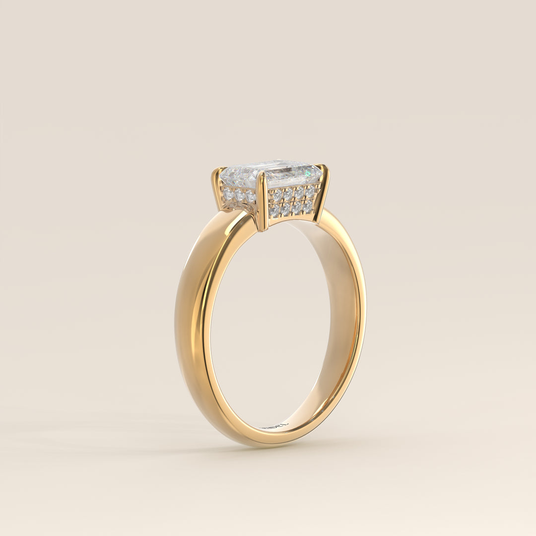 Joanne - Emerald East to West Lab Grown Diamond Ring with Double Hidden Halo and Wide Band