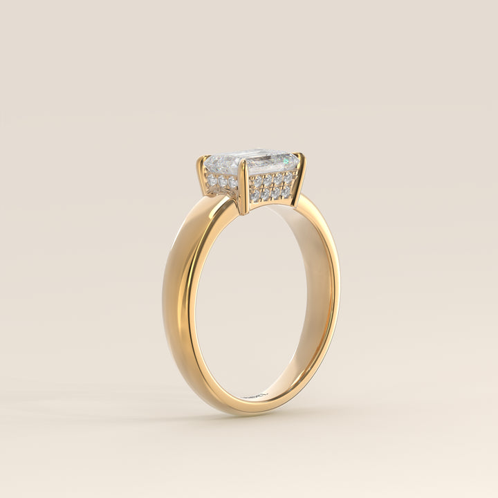 Joanne - Emerald East to West Lab Grown Diamond Ring with Double Hidden Halo and Wide Band