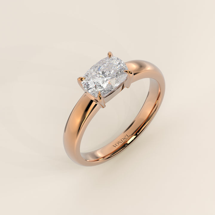 Joan - Anillo de diamantes cultivados en laboratorio, talla cojín alargada, con banda ancha.
