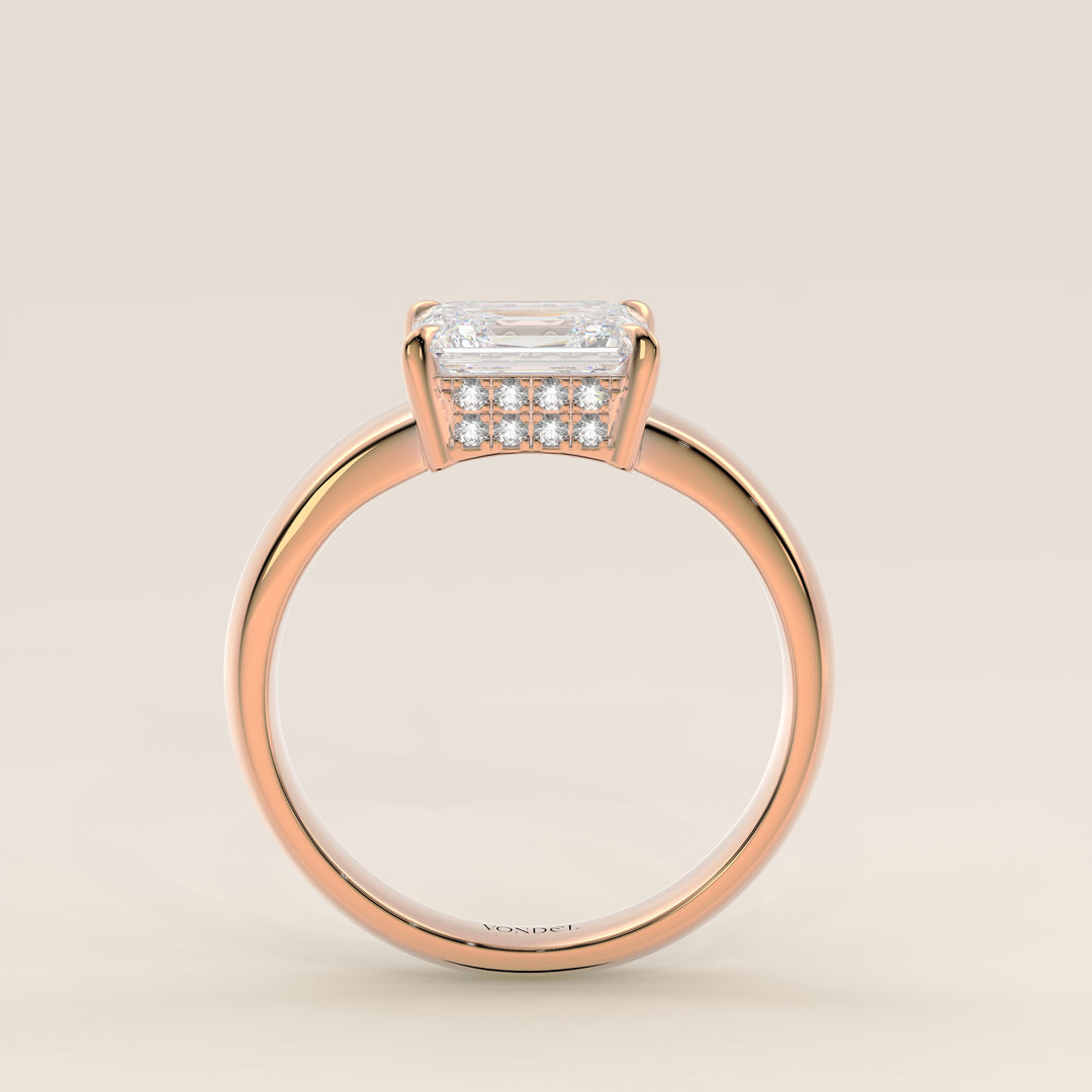 Joanne - Emerald East to West Lab Grown Diamond Ring with Double Hidden Halo and Wide Band