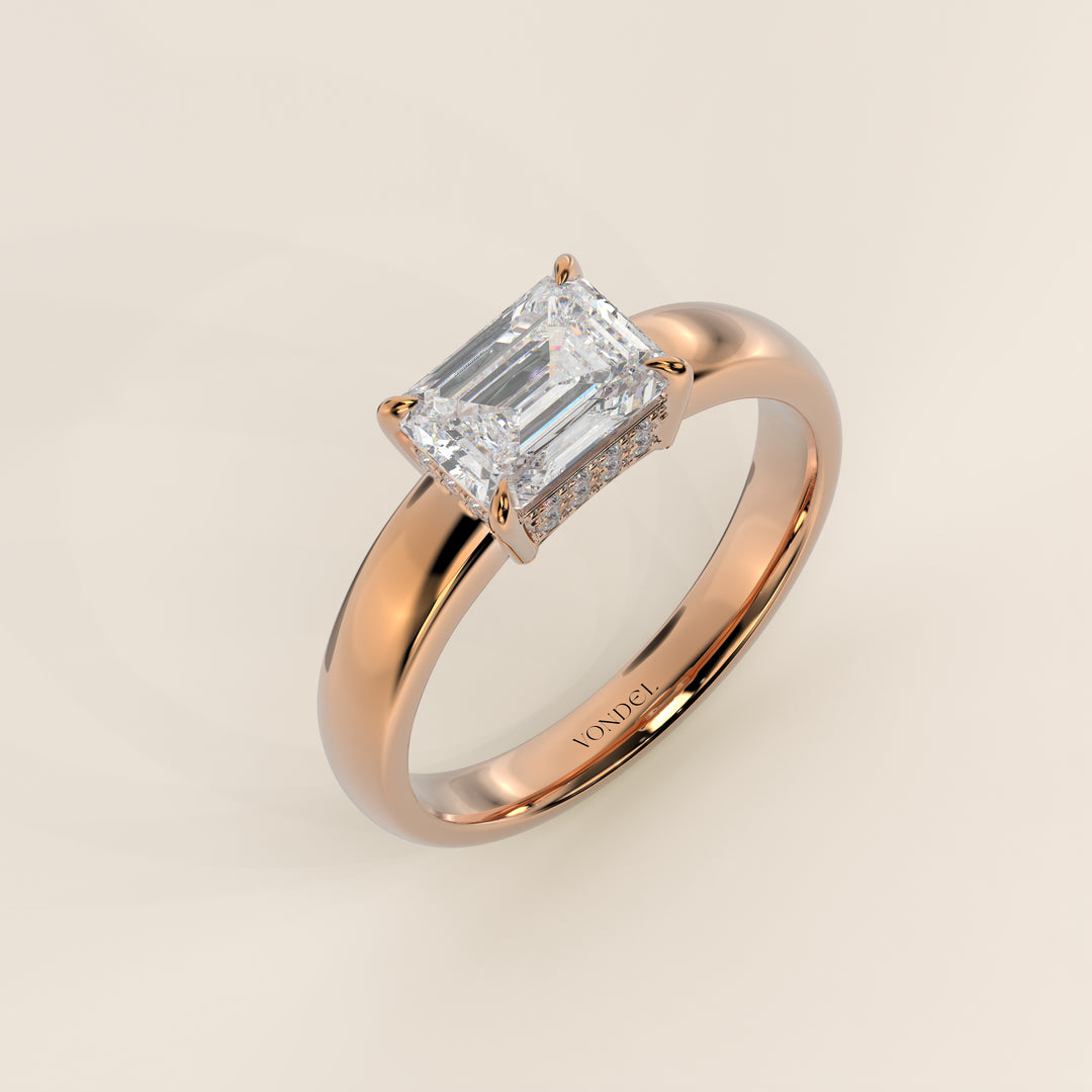 Joanne - Emerald East to West Lab Grown Diamond Ring with Double Hidden Halo and Wide Band