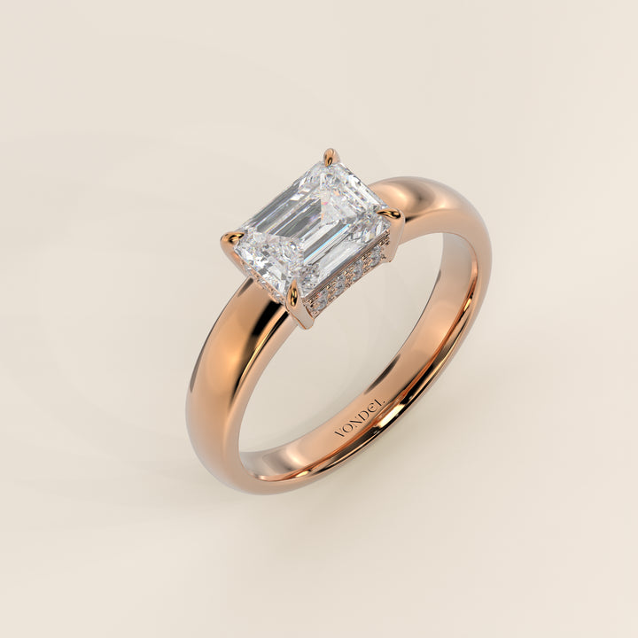 Joanne - Emerald East to West Lab Grown Diamond Ring with Double Hidden Halo and Wide Band