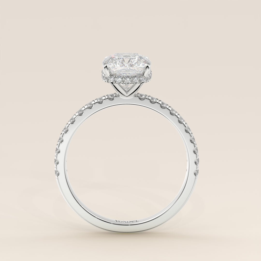 Sydney - Elongated Cushion Solitair Lab Grown Diamond Ring with Wrap Around Halo and Pave Band