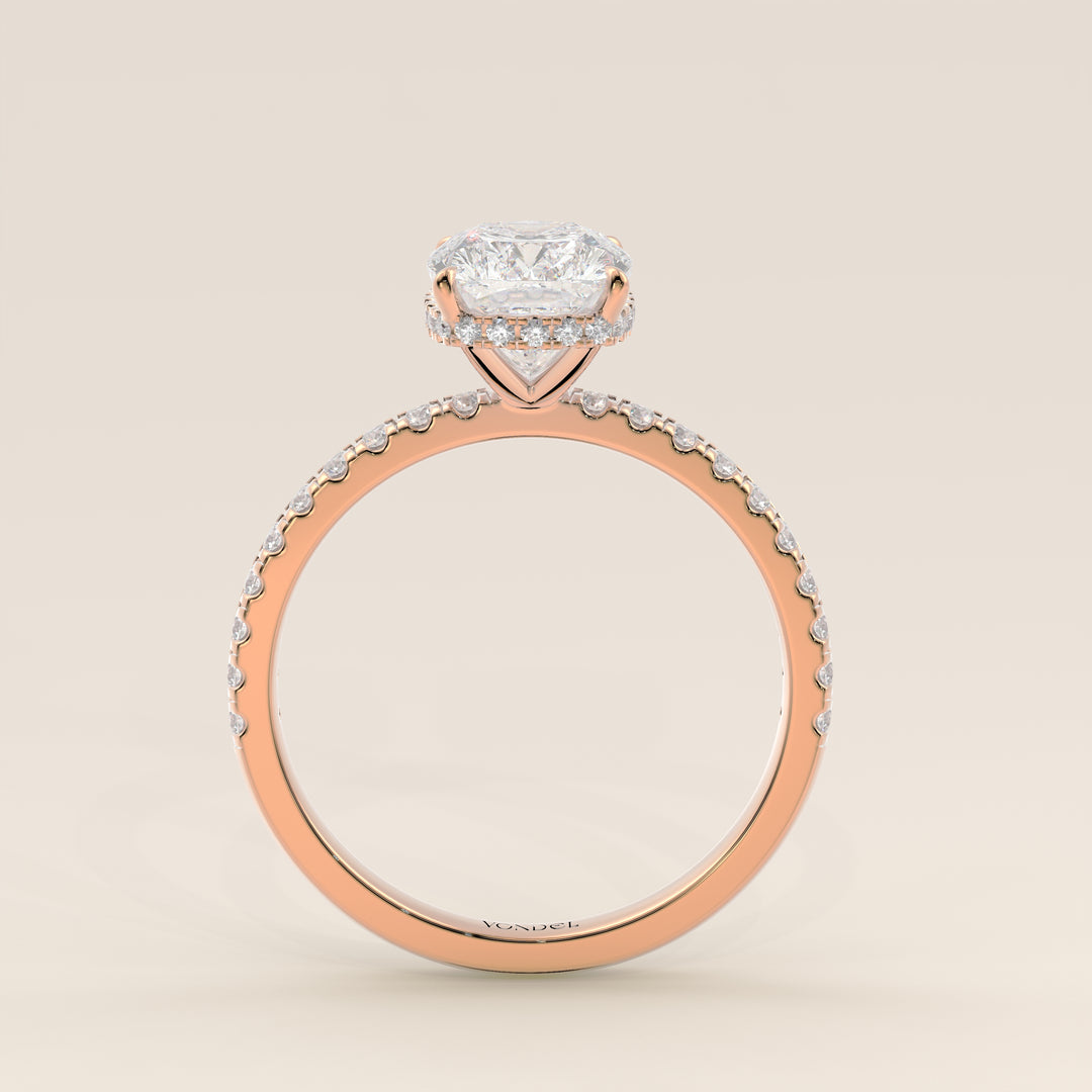 Sydney - Elongated Cushion Solitair Lab Grown Diamond Ring with Wrap Around Halo and Pave Band
