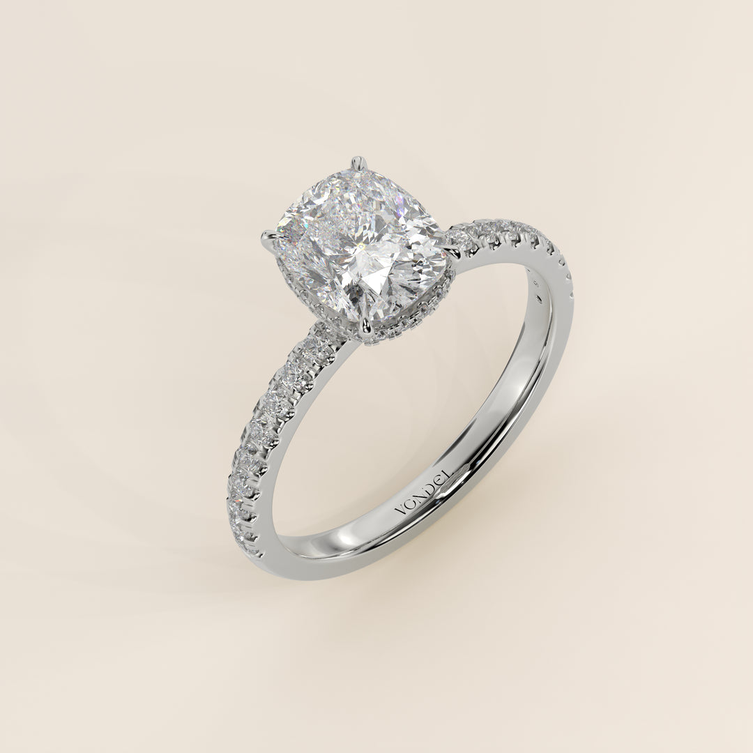 Sydney - Elongated Cushion Solitair Lab Grown Diamond Ring with Wrap Around Halo and Pave Band