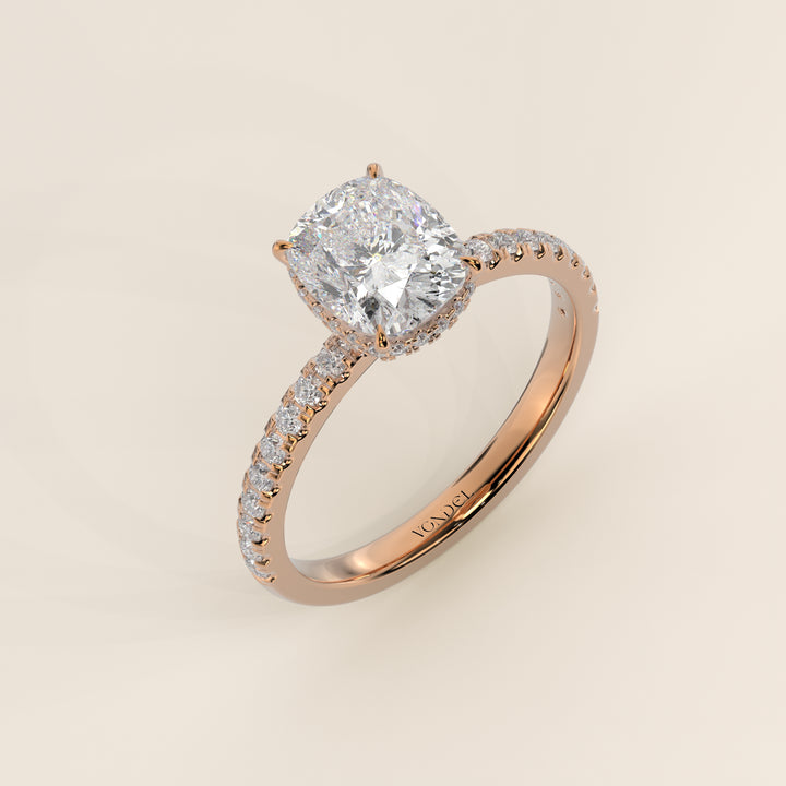Sydney - Elongated Cushion Solitair Lab Grown Diamond Ring with Wrap Around Halo and Pave Band