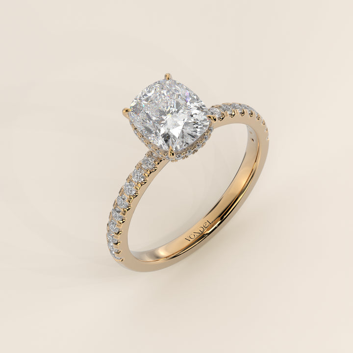 Sydney - Elongated Cushion Solitair Lab Grown Diamond Ring with Wrap Around Halo and Pave Band