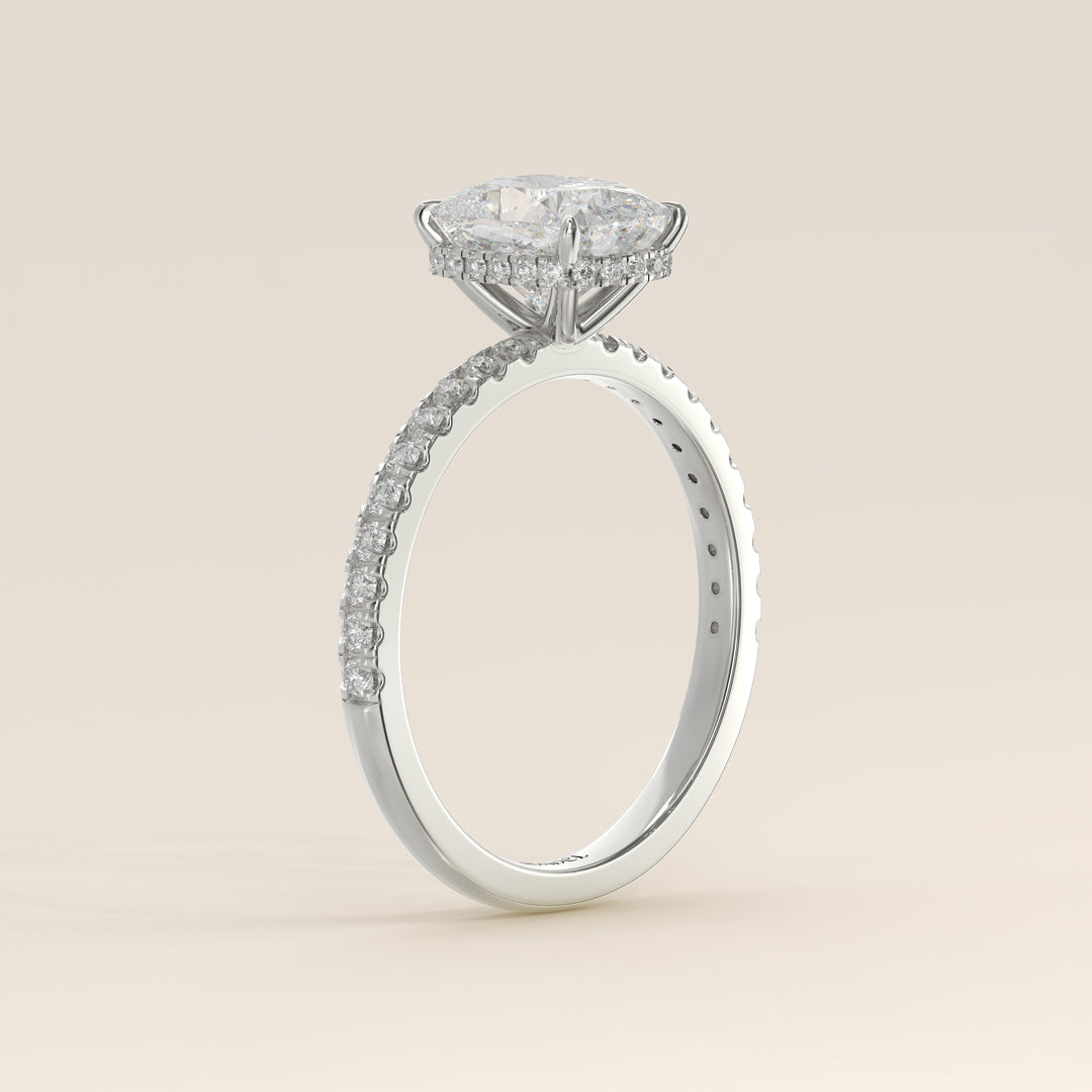 Sydney - Elongated Cushion Solitair Lab Grown Diamond Ring with Wrap Around Halo and Pave Band
