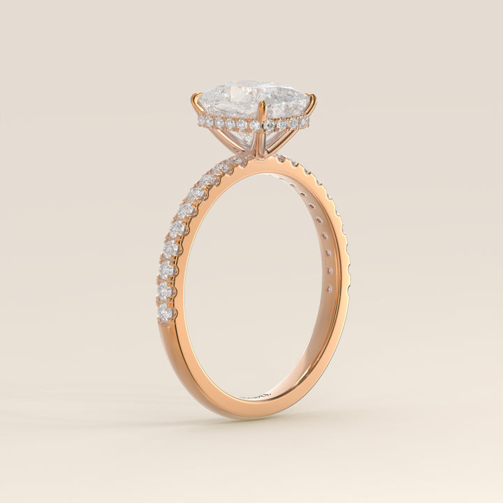 Sydney - Elongated Cushion Solitair Lab Grown Diamond Ring with Wrap Around Halo and Pave Band