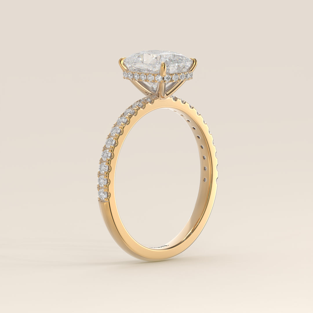 Sydney - Elongated Cushion Solitair Lab Grown Diamond Ring with Wrap Around Halo and Pave Band