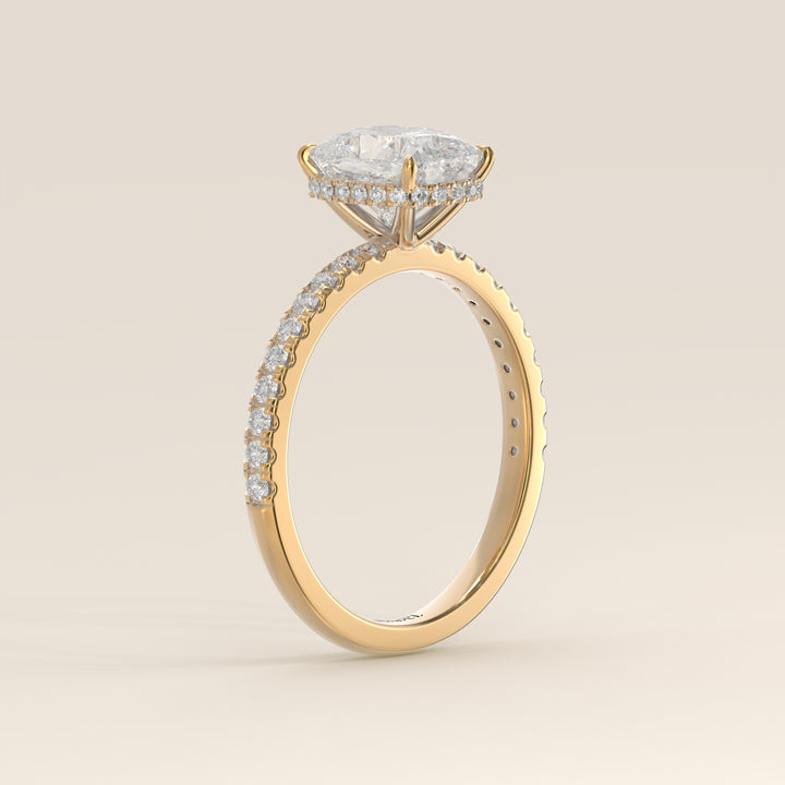 Sydney - Elongated Cushion Solitair Lab Grown Diamond Ring with Wrap Around Halo and Pave Band