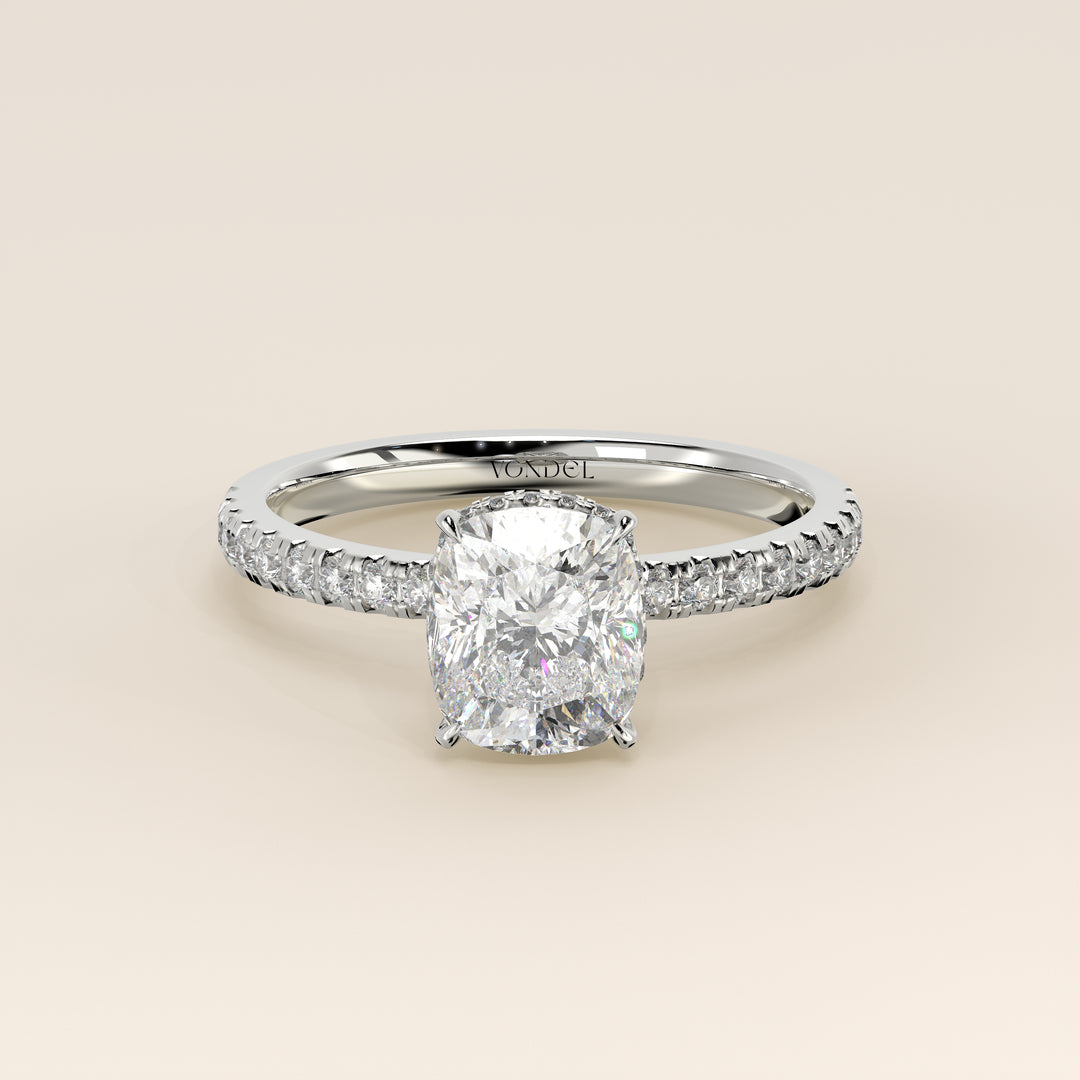 Sydney - Elongated Cushion Solitair Lab Grown Diamond Ring with Wrap Around Halo and Pave Band