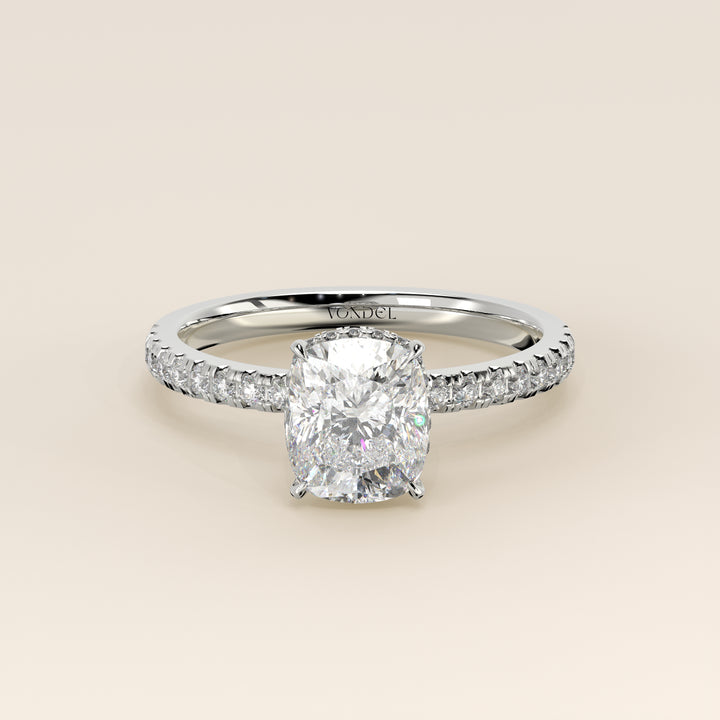 Sydney - Elongated Cushion Solitair Lab Grown Diamond Ring with Wrap Around Halo and Pave Band