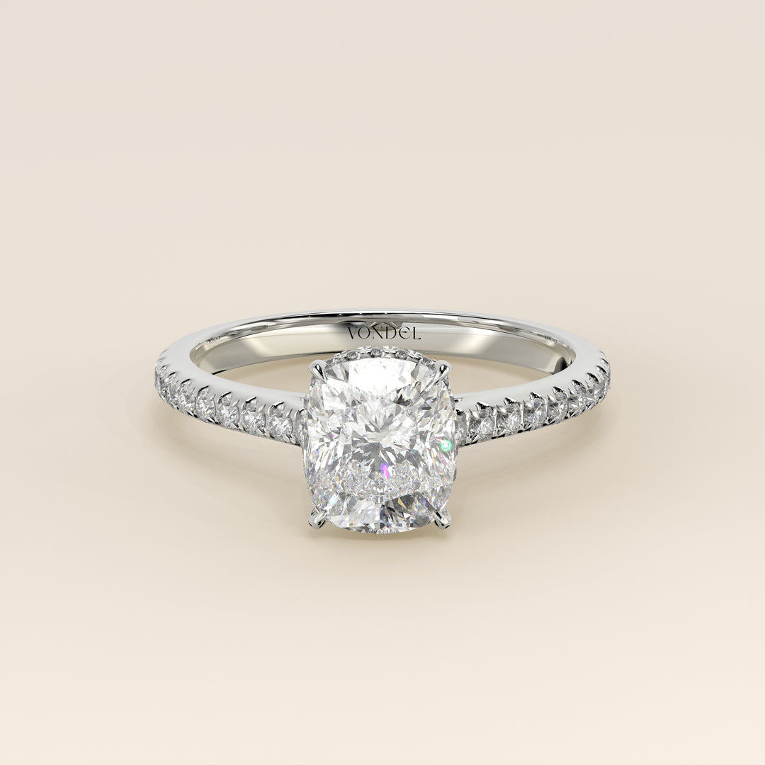 Lana - Elongated Cushion Solitair Lab Grown Diamond Ring with Cathedral Setting, Pave Band and Wrap Around Halo