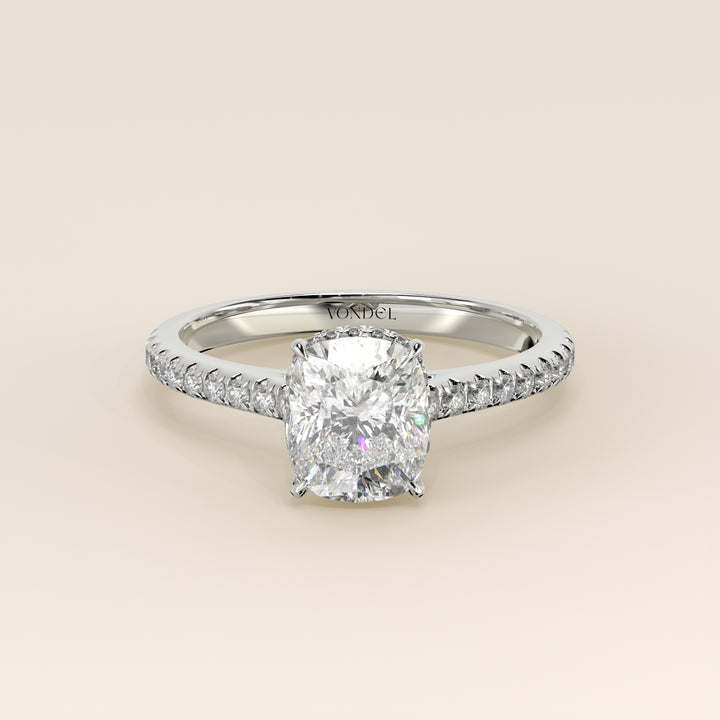 Lana - Elongated Cushion Solitair Lab Grown Diamond Ring with Cathedral Setting, Pave Band and Wrap Around Halo