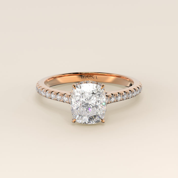 Lana - Elongated Cushion Solitair Lab Grown Diamond Ring with Cathedral Setting, Pave Band and Wrap Around Halo