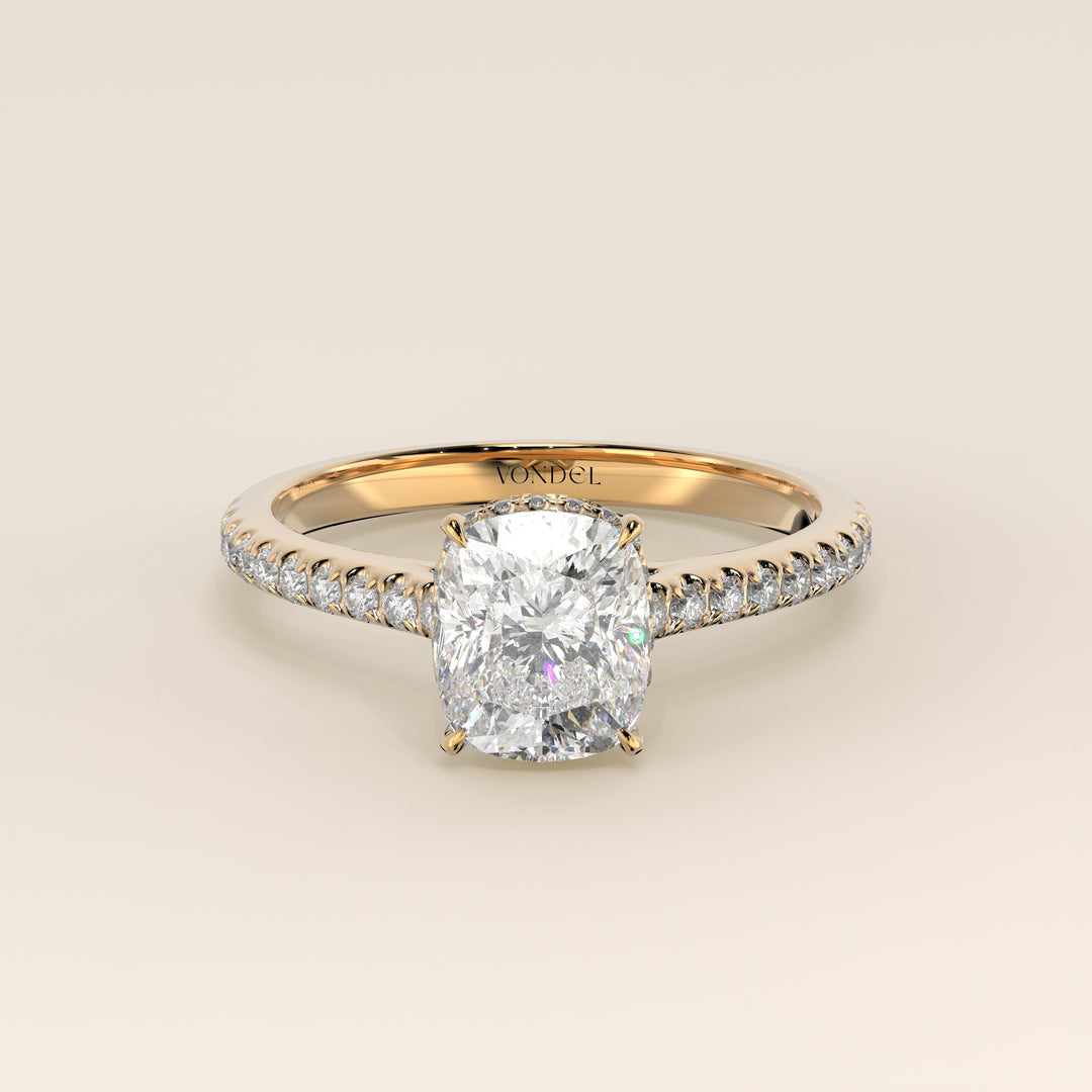 Lana - Elongated Cushion Solitair Lab Grown Diamond Ring with Cathedral Setting, Pave Band and Wrap Around Halo