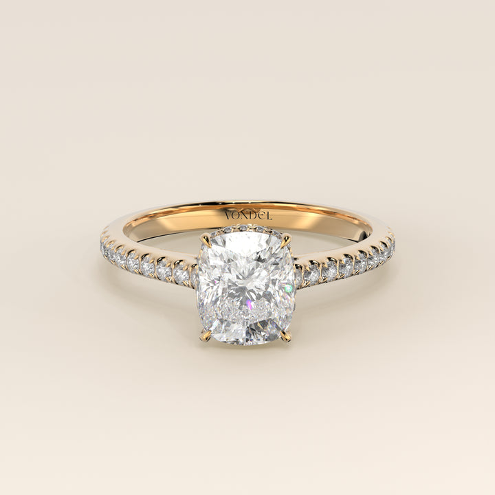 Lana - Elongated Cushion Solitair Lab Grown Diamond Ring with Cathedral Setting, Pave Band and Wrap Around Halo