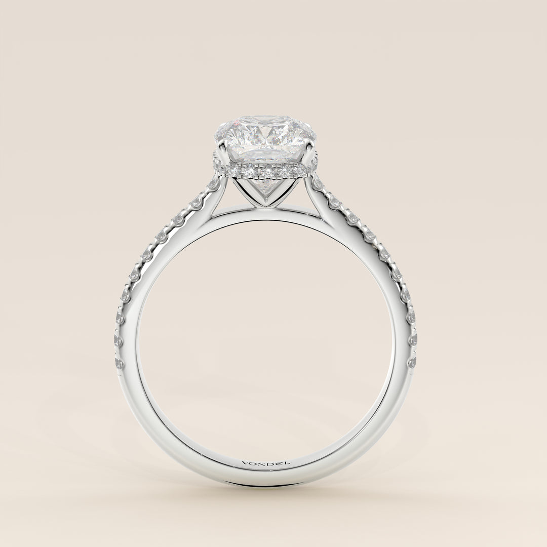 Lana - Elongated Cushion Solitair Lab Grown Diamond Ring with Cathedral Setting, Pave Band and Wrap Around Halo