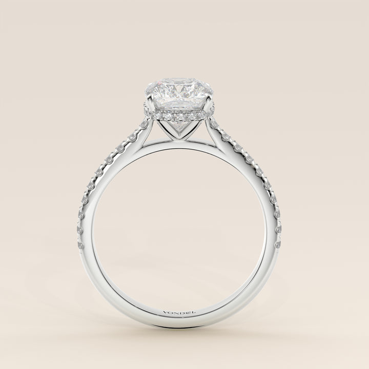 Lana - Elongated Cushion Solitair Lab Grown Diamond Ring with Cathedral Setting, Pave Band and Wrap Around Halo