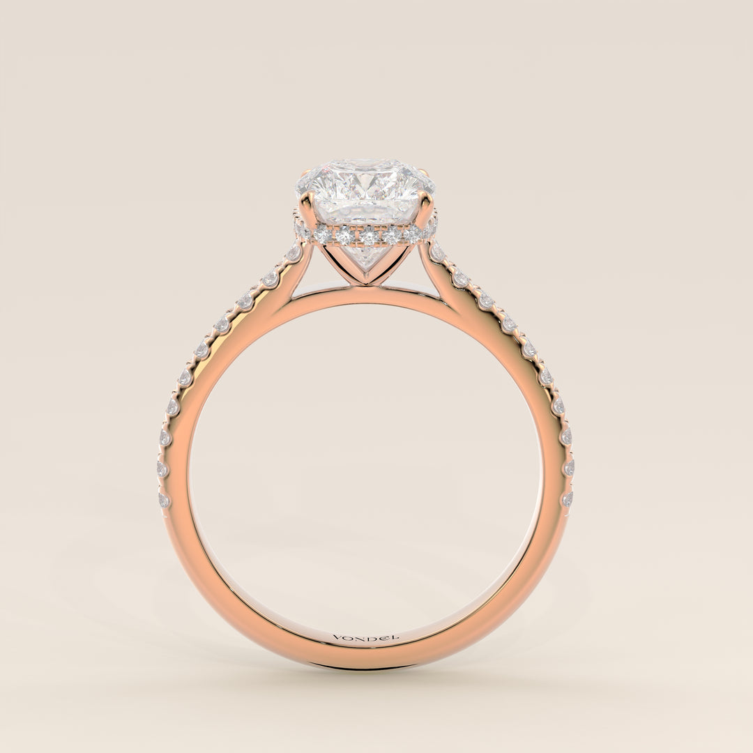 Lana - Elongated Cushion Solitair Lab Grown Diamond Ring with Cathedral Setting, Pave Band and Wrap Around Halo