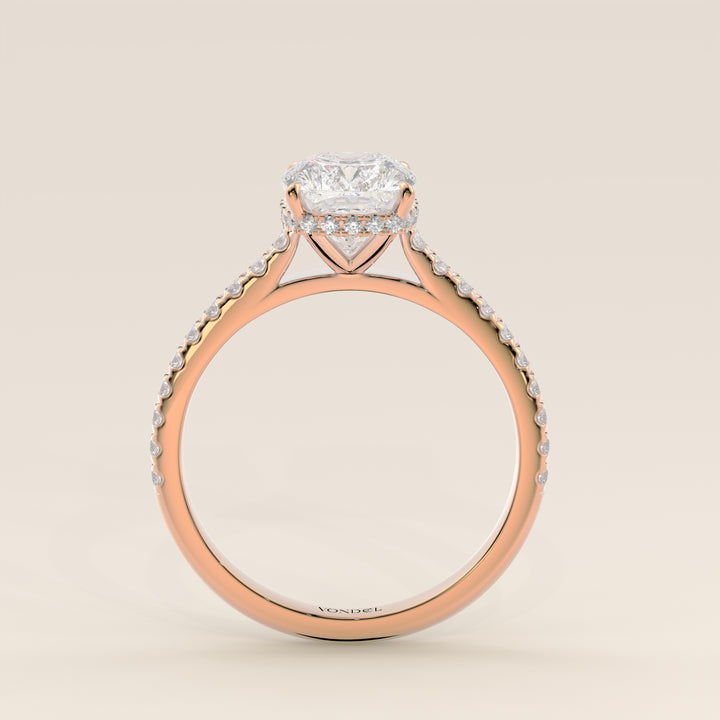 Lana - Elongated Cushion Solitair Lab Grown Diamond Ring with Cathedral Setting, Pave Band and Wrap Around Halo
