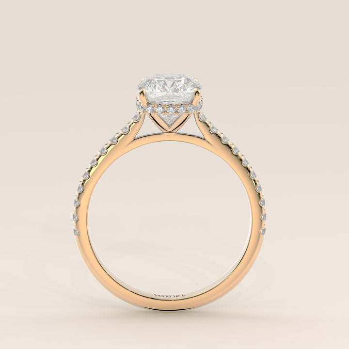 Lana - Elongated Cushion Solitair Lab Grown Diamond Ring with Cathedral Setting, Pave Band and Wrap Around Halo