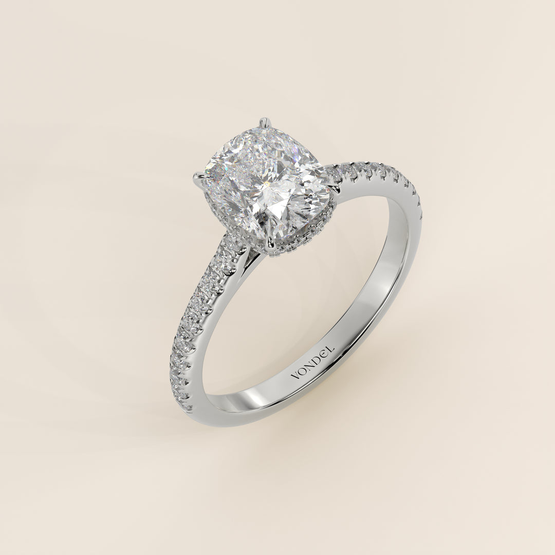 Lana - Elongated Cushion Solitair Lab Grown Diamond Ring with Cathedral Setting, Pave Band and Wrap Around Halo