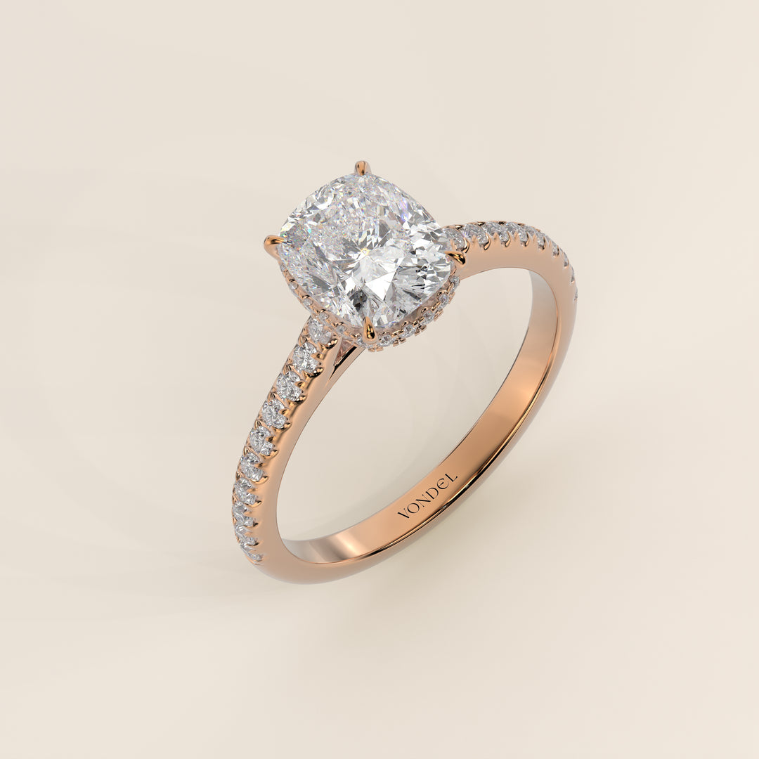 Lana - Elongated Cushion Solitair Lab Grown Diamond Ring with Cathedral Setting, Pave Band and Wrap Around Halo