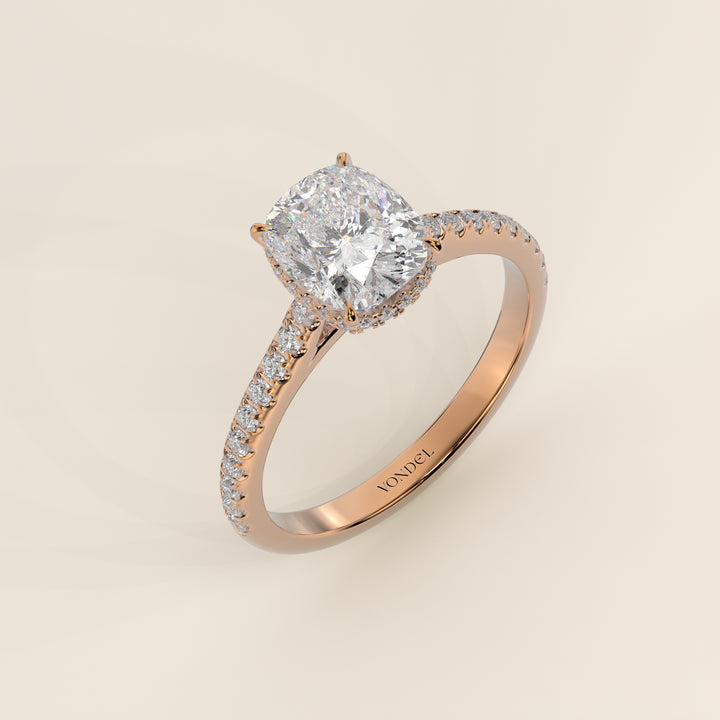 Lana - Elongated Cushion Solitair Lab Grown Diamond Ring with Cathedral Setting, Pave Band and Wrap Around Halo