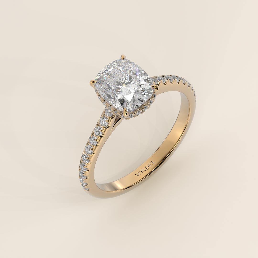 Lana - Elongated Cushion Solitair Lab Grown Diamond Ring with Cathedral Setting, Pave Band and Wrap Around Halo