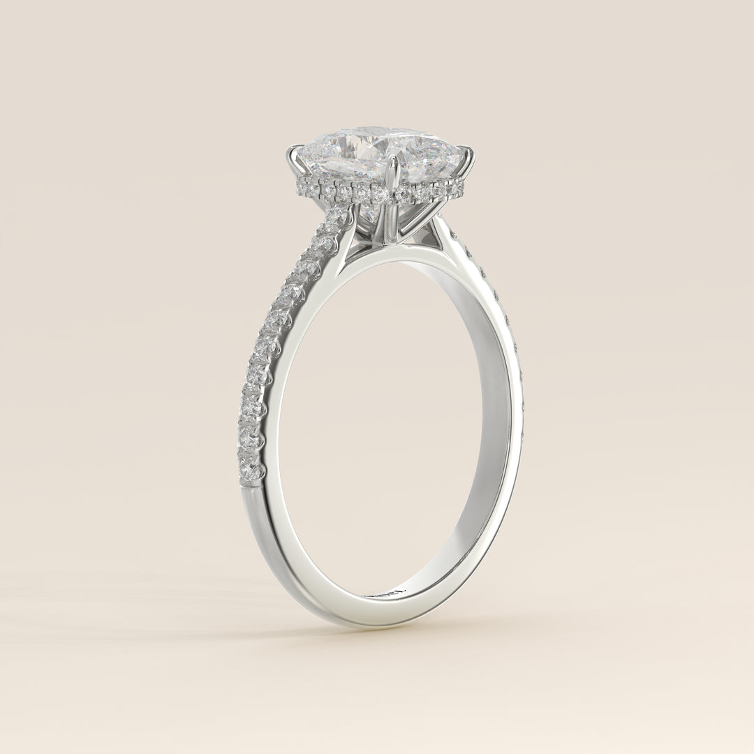 Lana - Elongated Cushion Solitair Lab Grown Diamond Ring with Cathedral Setting, Pave Band and Wrap Around Halo