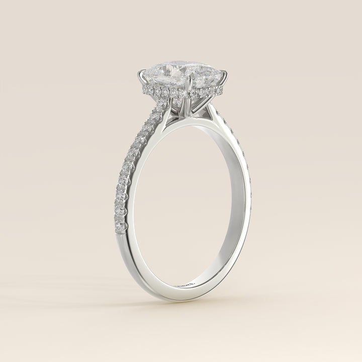 Lana - Elongated Cushion Solitair Lab Grown Diamond Ring with Cathedral Setting, Pave Band and Wrap Around Halo