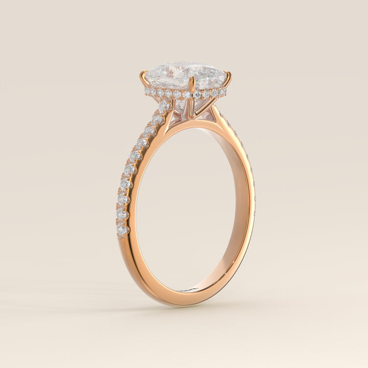 Lana - Elongated Cushion Solitair Lab Grown Diamond Ring with Cathedral Setting, Pave Band and Wrap Around Halo