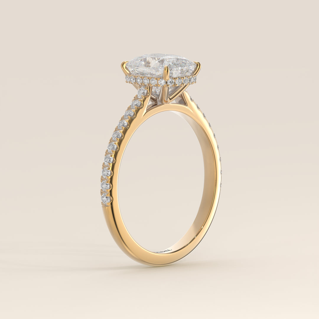 Lana - Elongated Cushion Solitair Lab Grown Diamond Ring with Cathedral Setting, Pave Band and Wrap Around Halo
