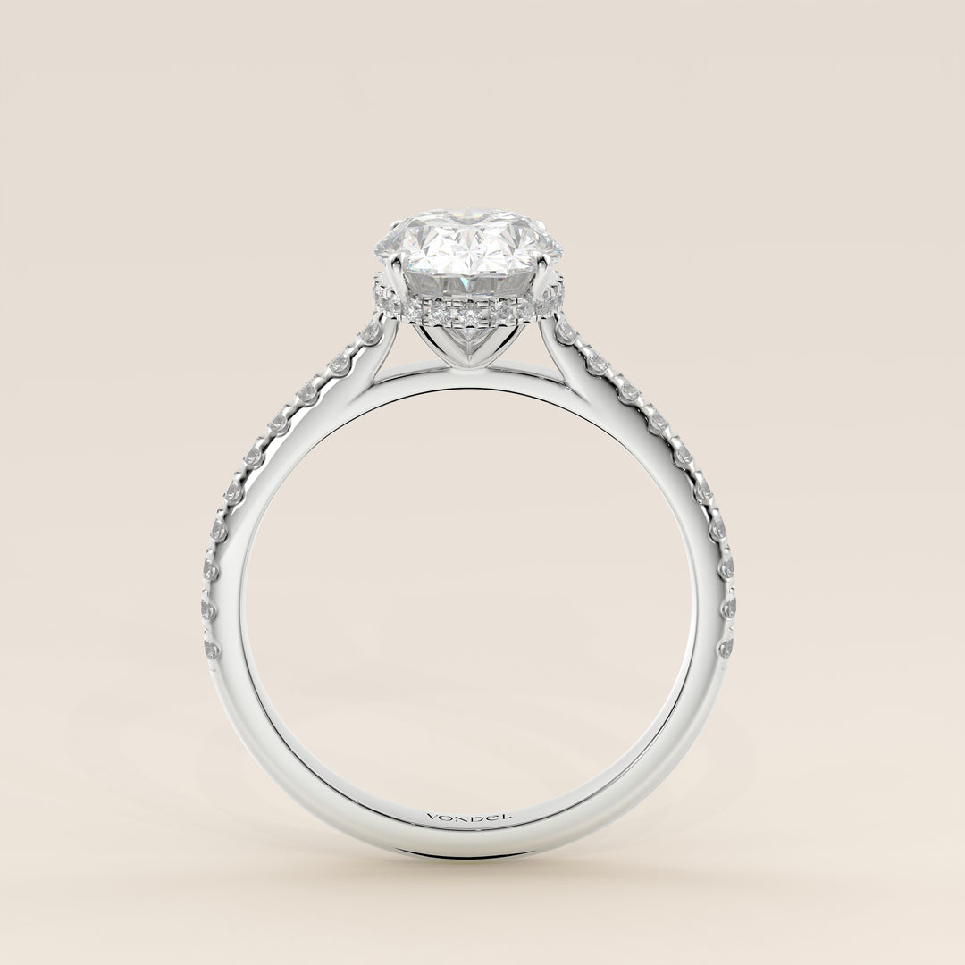 Lana - Oval Solitair Lab Grown Diamond Ring with Cathedral Setting, Pave Band and Wrap Around Halo