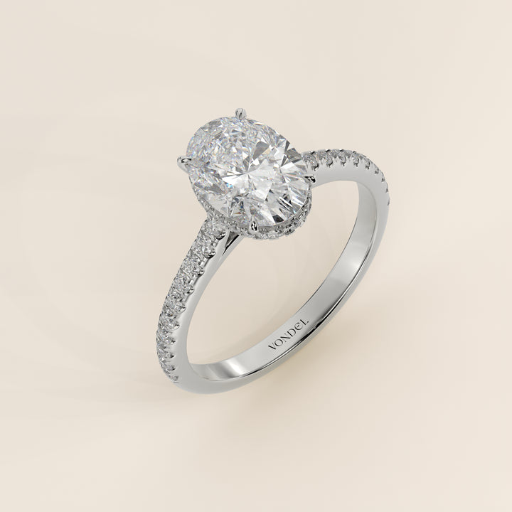 Lana - Oval Solitair Lab Grown Diamond Ring with Cathedral Setting, Pave Band and Wrap Around Halo
