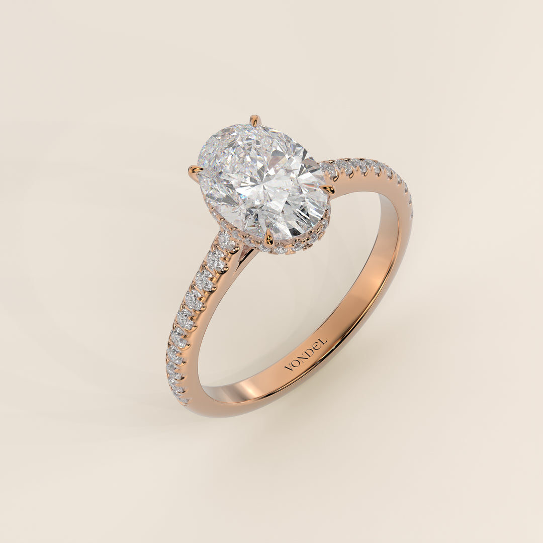 Lana - Oval Solitair Lab Grown Diamond Ring with Cathedral Setting, Pave Band and Wrap Around Halo