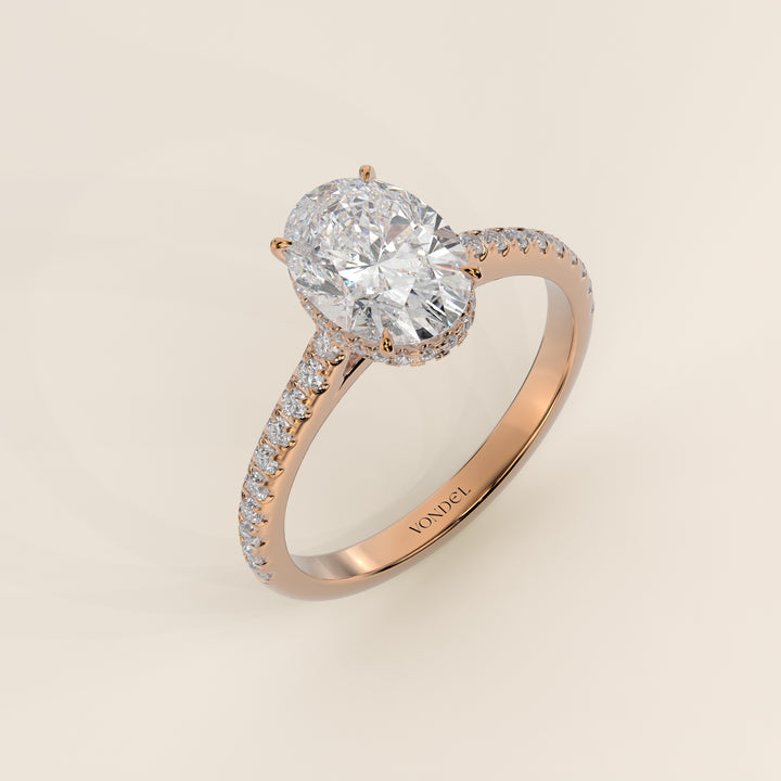Lana - Oval Solitair Lab Grown Diamond Ring with Cathedral Setting, Pave Band and Wrap Around Halo