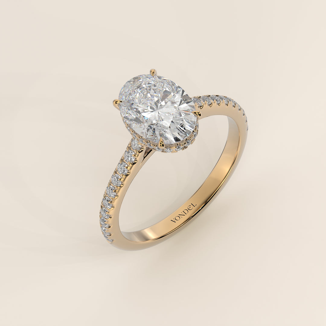 Lana - Oval Solitair Lab Grown Diamond Ring with Cathedral Setting, Pave Band and Wrap Around Halo