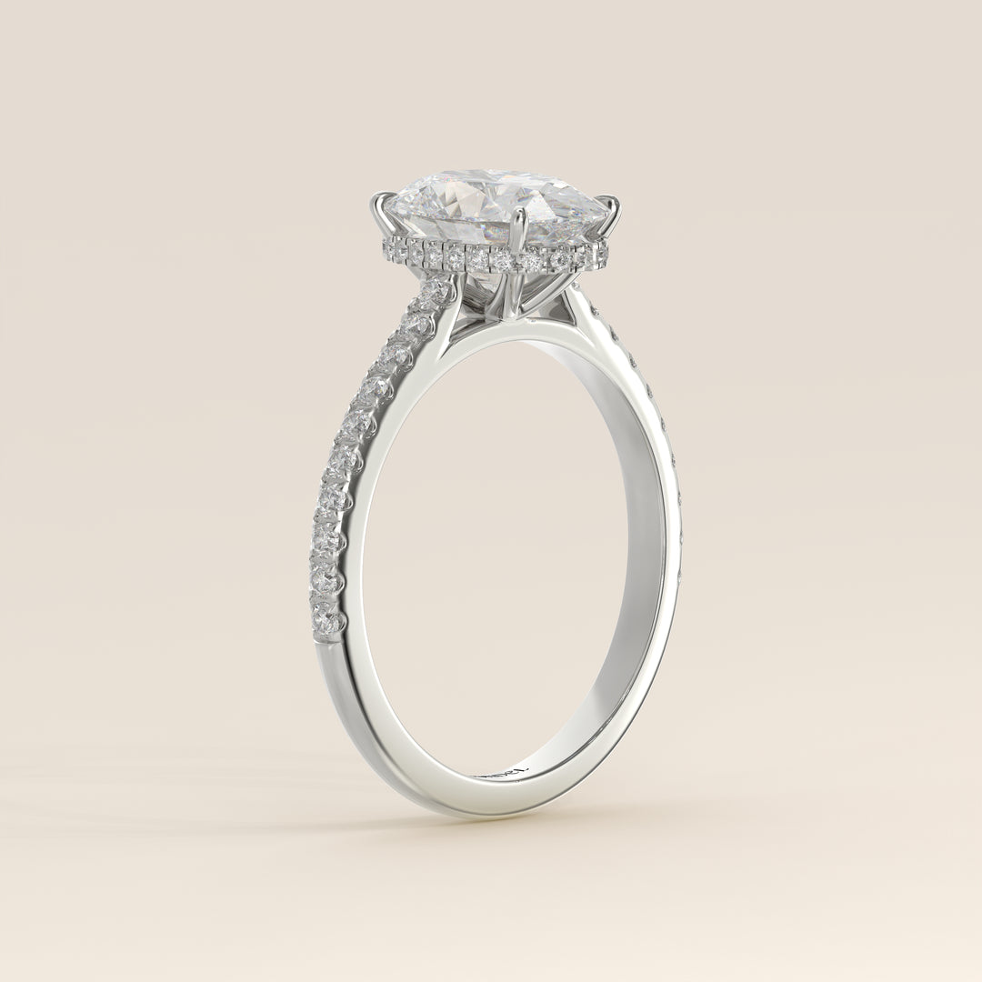 Lana - Oval Solitair Lab Grown Diamond Ring with Cathedral Setting, Pave Band and Wrap Around Halo