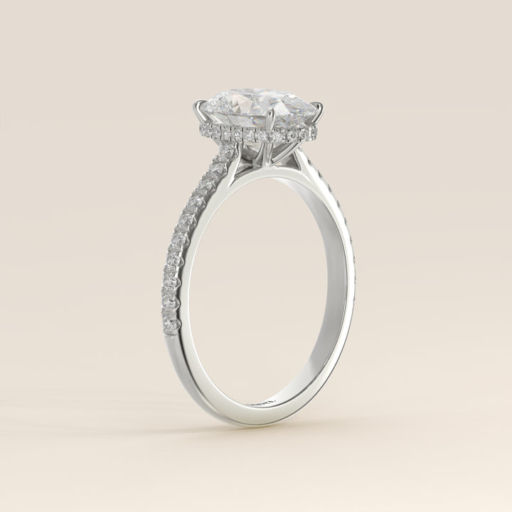 Lana - Oval Solitair Lab Grown Diamond Ring with Cathedral Setting, Pave Band and Wrap Around Halo